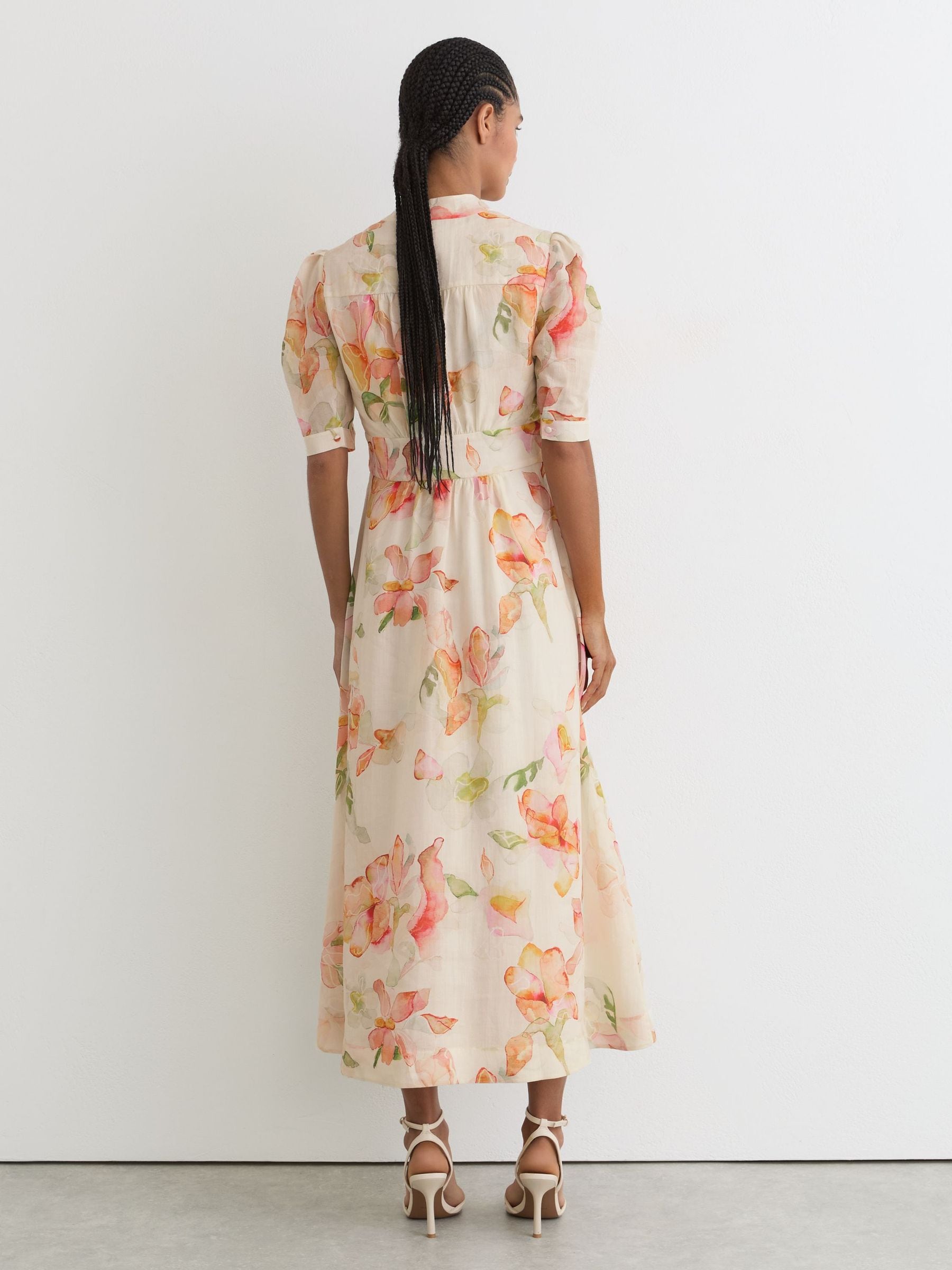 Buy Reiss Ivory/Pink Poppy Floral-Print Waisted Midi Dress from