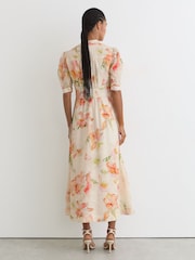 Reiss Ivory/Pink Poppy Floral-Print Waisted Midi Dress - Image 5 of 6