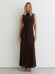 Reiss Chocolate Brown Colette Ruched Sleeveless Maxi Dress - Image 1 of 6