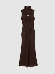 Reiss Chocolate Brown Colette Ruched Sleeveless Maxi Dress - Image 2 of 6