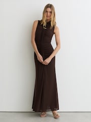 Reiss Chocolate Brown Colette Petite Ruched Sleeveless Maxi Dress - Image 5 of 7