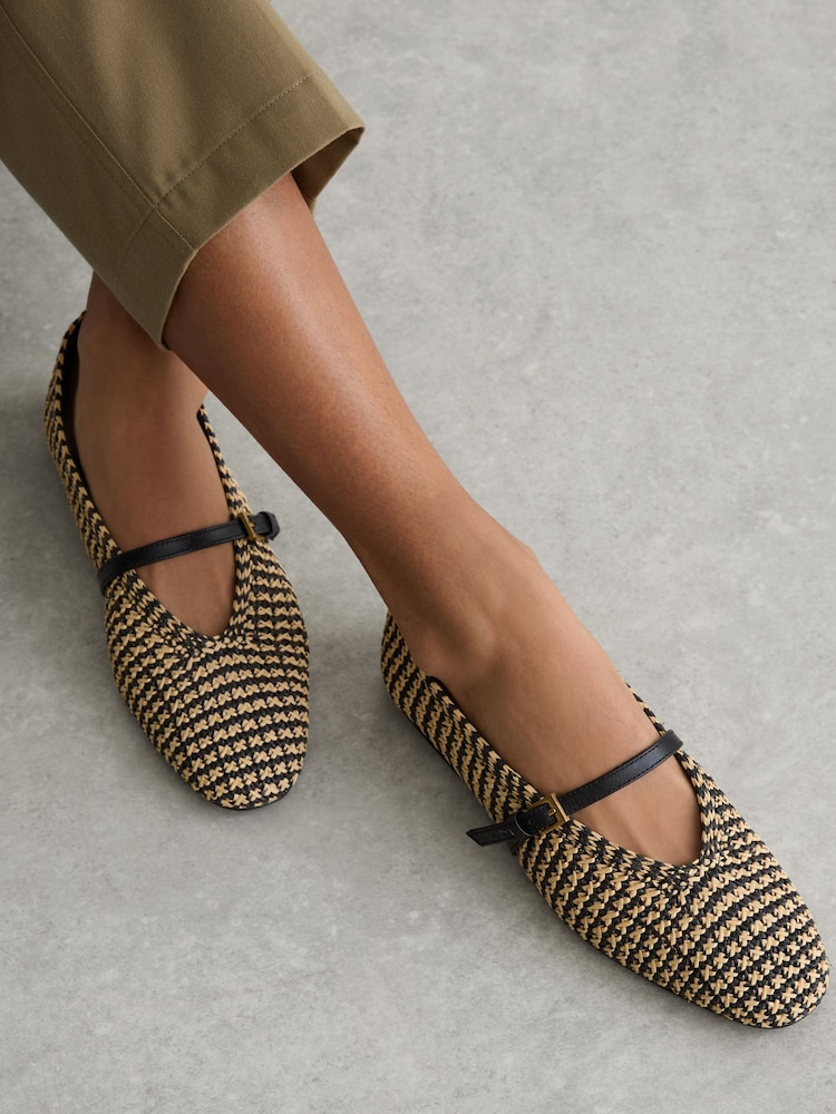 Reiss Natural/Black Davina Raffia-Effect Stripe Ballet Flats - Image 1 of 6 Reiss Natural/Black Davina Raffia-Effect Stripe Ballet Flats - Image 1 of 6