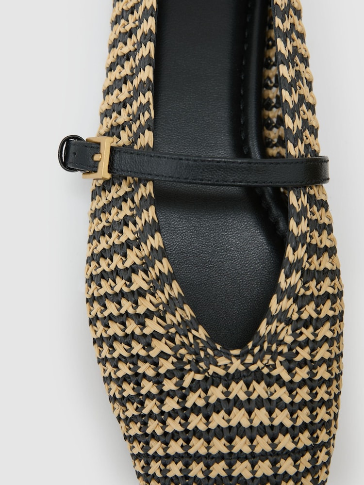 Reiss Natural/Black Davina Raffia-Effect Stripe Ballet Flats - Image 6 of 6 Reiss Natural/Black Davina Raffia-Effect Stripe Ballet Flats - Image 6 of 6