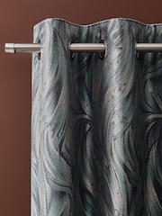 Teal Blue Metallic Swirl Jacquard Eyelet Lined Curtains - Image 1 of 5