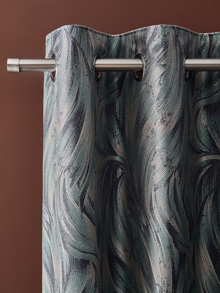 Teal Blue Metallic Swirl Jacquard Eyelet Lined Curtains - Image 1 of 5 Teal Blue Metallic Swirl Jacquard Eyelet Lined Curtains - Image 1 of 5
