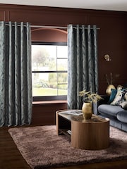 Teal Blue Metallic Swirl Jacquard Eyelet Lined Curtains - Image 2 of 5