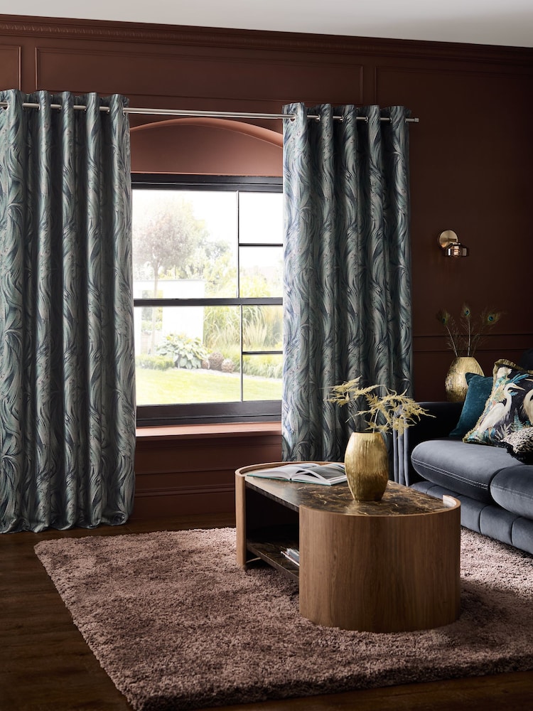 Teal Blue Metallic Swirl Jacquard Eyelet Lined Curtains - Image 2 of 5 Teal Blue Metallic Swirl Jacquard Eyelet Lined Curtains - Image 2 of 5