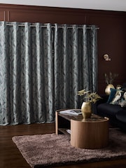 Teal Blue Metallic Swirl Jacquard Eyelet Lined Curtains - Image 3 of 5