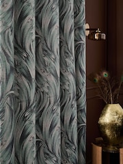 Teal Blue Metallic Swirl Jacquard Eyelet Lined Curtains - Image 5 of 5