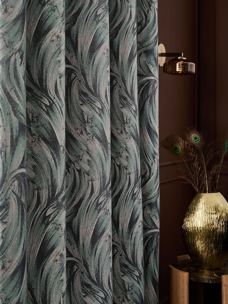 Teal Blue Metallic Swirl Jacquard Eyelet Lined Curtains - Image 5 of 5 Teal Blue Metallic Swirl Jacquard Eyelet Lined Curtains - Image 5 of 5