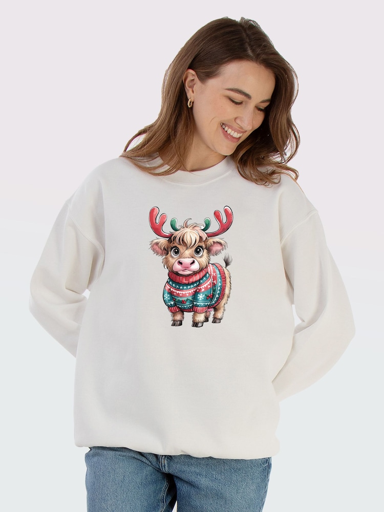 Brands In White Highland Cow Christmas Sweat Top - Image 1 of 5 Brands In White Highland Cow Christmas Sweat Top - Image 1 of 5
