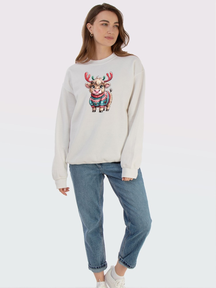 Brands In White Highland Cow Christmas Sweat Top - Image 2 of 5 Brands In White Highland Cow Christmas Sweat Top - Image 2 of 5