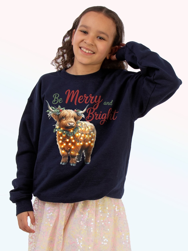 Brands In Blue Highland Cow Bright Christmas Sweat Top - Image 1 of 5 Brands In Blue Highland Cow Bright Christmas Sweat Top - Image 1 of 5