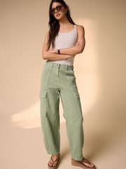 Khaki Green Barrel Leg Cargo Trousers - Image 1 of 10