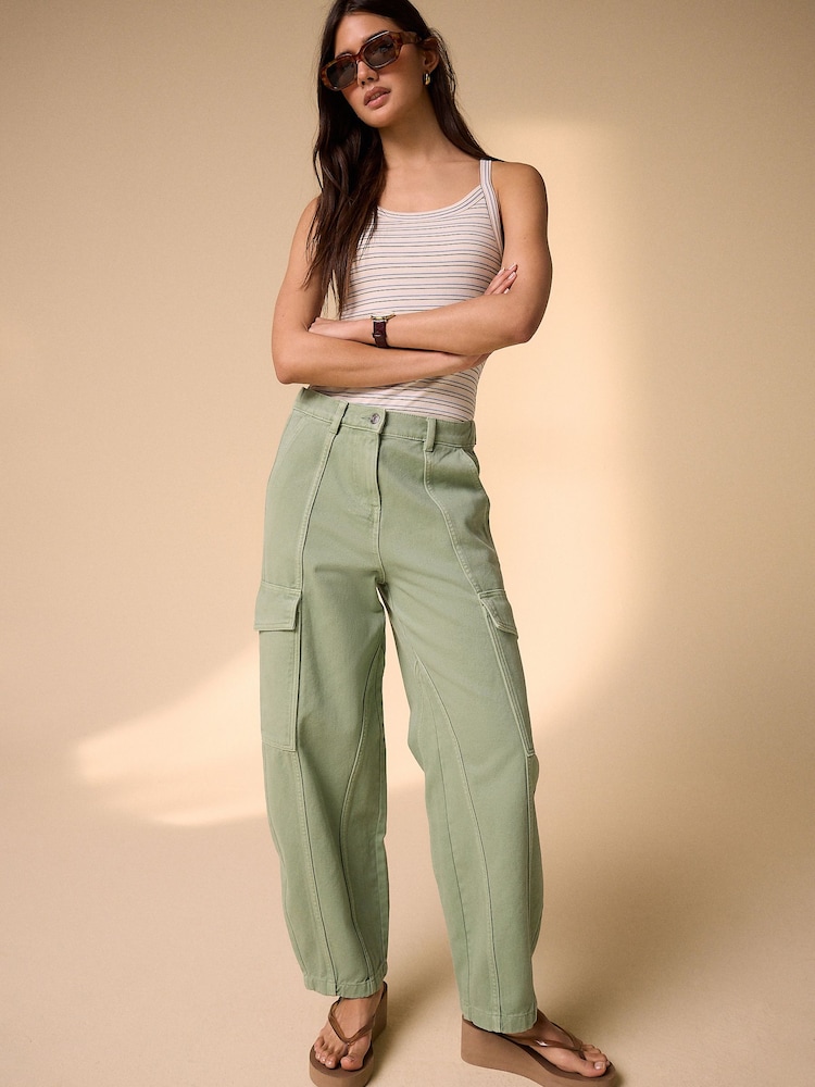 Khaki Green Barrel Leg Cargo Trousers - Image 1 of 10