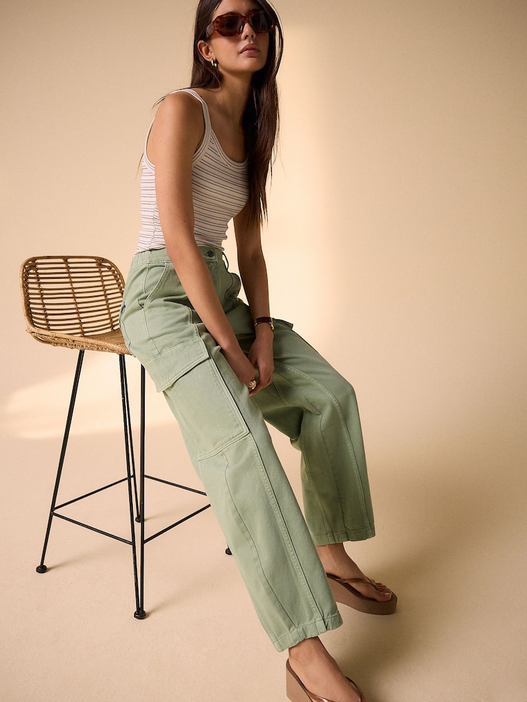 Khaki Green Barrel Leg Cargo Trousers - Image 2 of 10