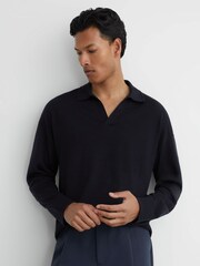 Reiss Navy Longthorpe Merino Wool Open-Collar Polo Jumper - Image 1 of 6