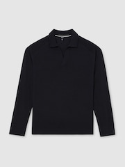 Reiss Navy Longthorpe Merino Wool Open-Collar Polo Jumper - Image 2 of 6