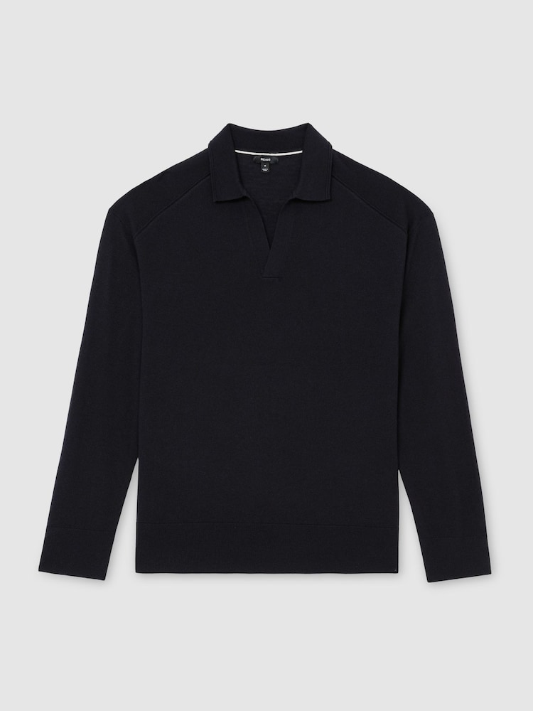 Reiss Navy Longthorpe Merino Wool Open-Collar Polo Jumper - Image 2 of 6