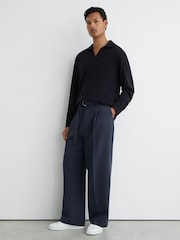 Reiss Navy Longthorpe Merino Wool Open-Collar Polo Jumper - Image 3 of 6