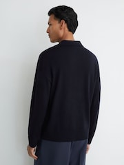 Reiss Navy Longthorpe Merino Wool Open-Collar Polo Jumper - Image 4 of 6