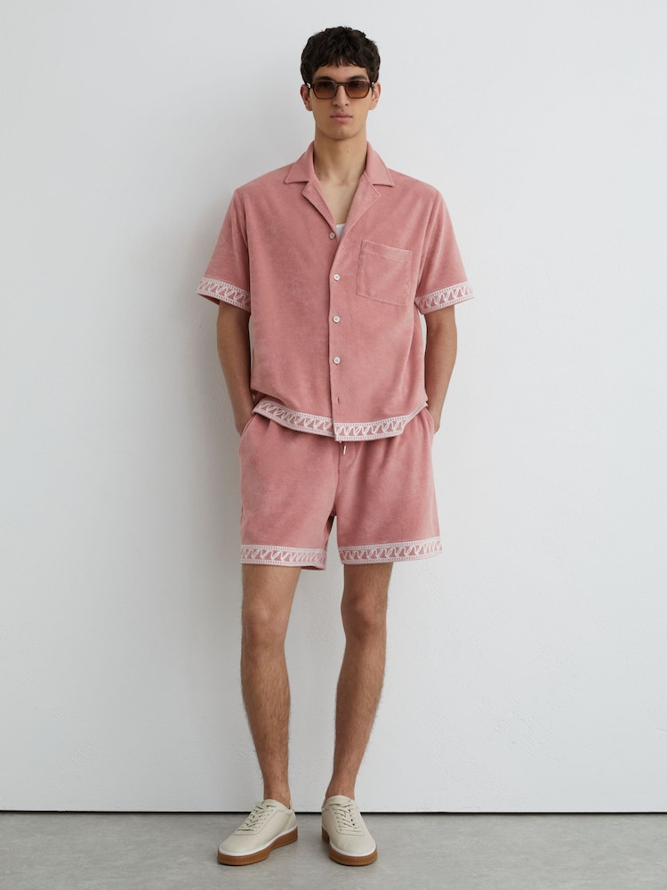 Reiss Soft Pink Bleeker Cotton-Blend Towelling Embroidered Shirt - Image 1 of 7 Reiss Soft Pink Bleeker Cotton-Blend Towelling Embroidered Shirt - Image 1 of 7