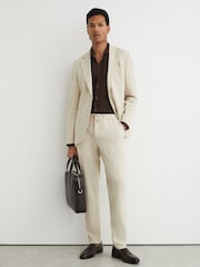 Reiss Stone Gerrard Tailored Fit Textured Jersey Drawstring Suit Trousers - Image 1 of 6