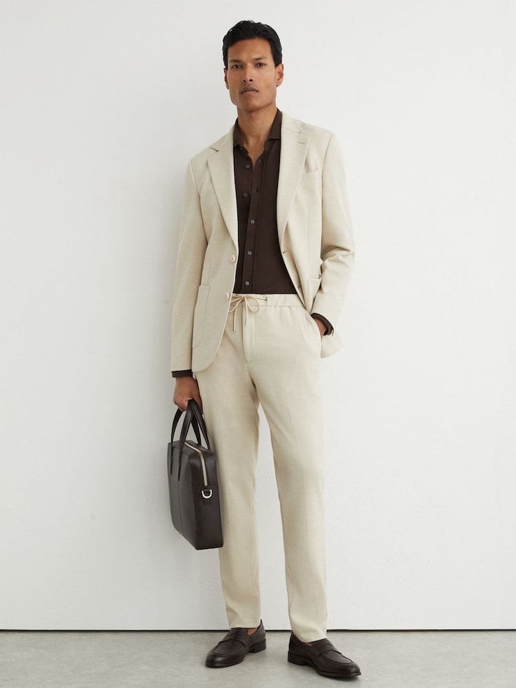 Reiss Stone Gerrard Tailored Fit Textured Jersey Drawstring Suit Trousers - Image 1 of 6 Reiss Stone Gerrard Tailored Fit Textured Jersey Drawstring Suit Trousers - Image 1 of 6