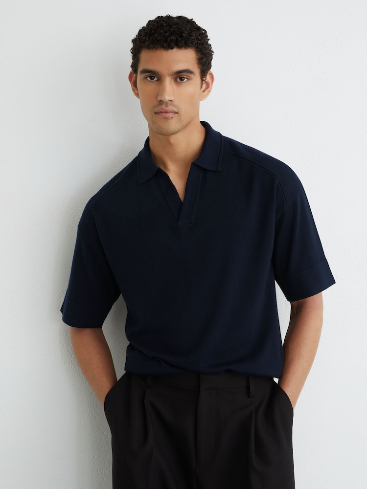 Reiss Navy Lambert Merino Wool Relaxed Polo Jumper - Image 1 of 6