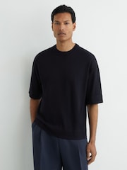 Reiss Navy Baines Merino Wool Relaxed Knit T-Shirt - Image 4 of 6