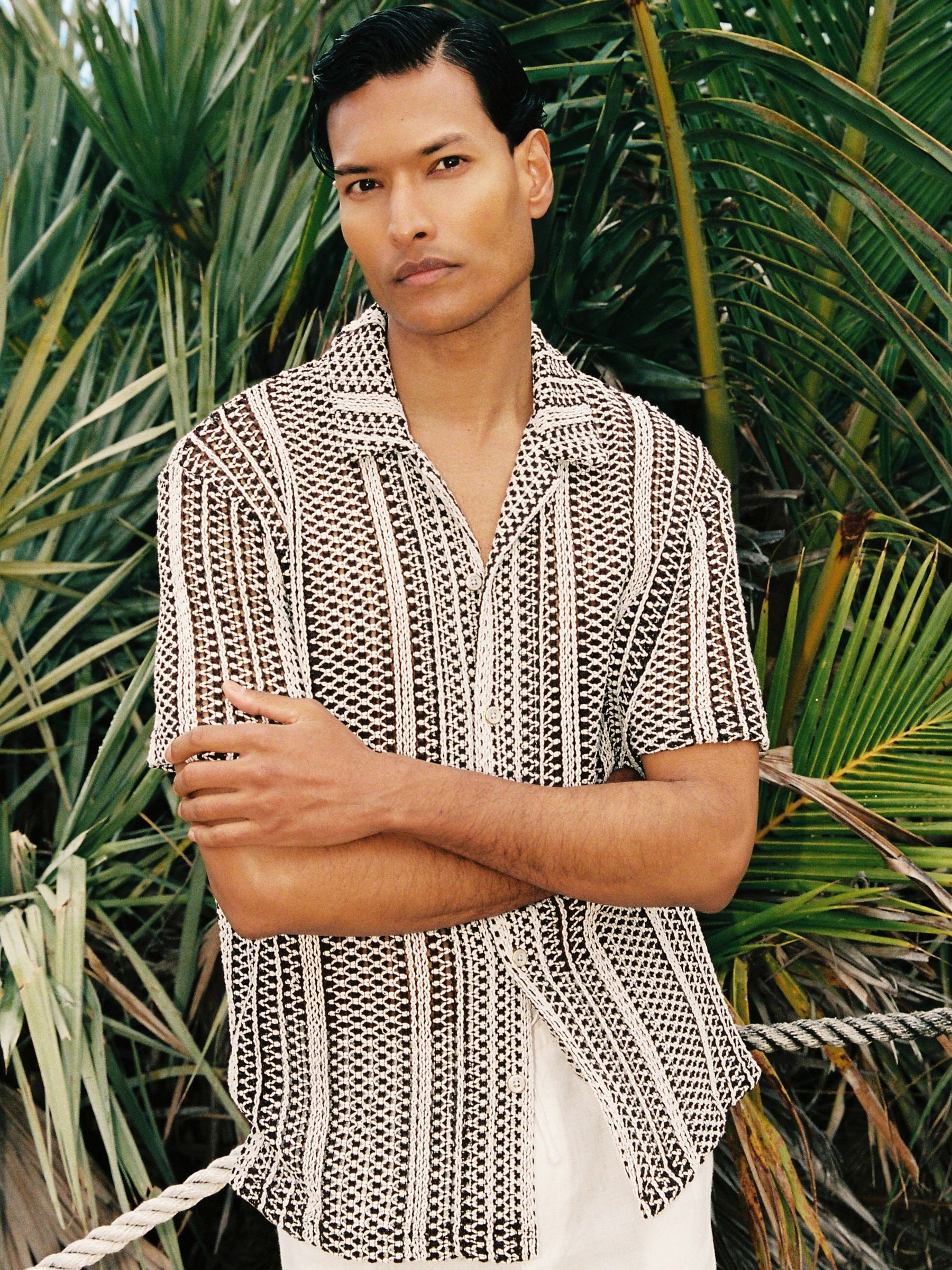 Buy Reiss Dark Brown Aetos Crochet Stripe Cuban-Collar Shirt from