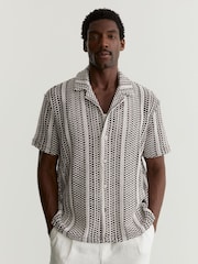 Reiss Dark Brown Aetos Crochet Stripe Cuban-Collar Shirt - Image 1 of 6