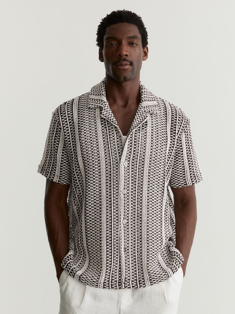 Reiss Dark Brown Aetos Crochet Stripe Cuban-Collar Shirt - Image 1 of 6 Reiss Dark Brown Aetos Crochet Stripe Cuban-Collar Shirt - Image 1 of 6