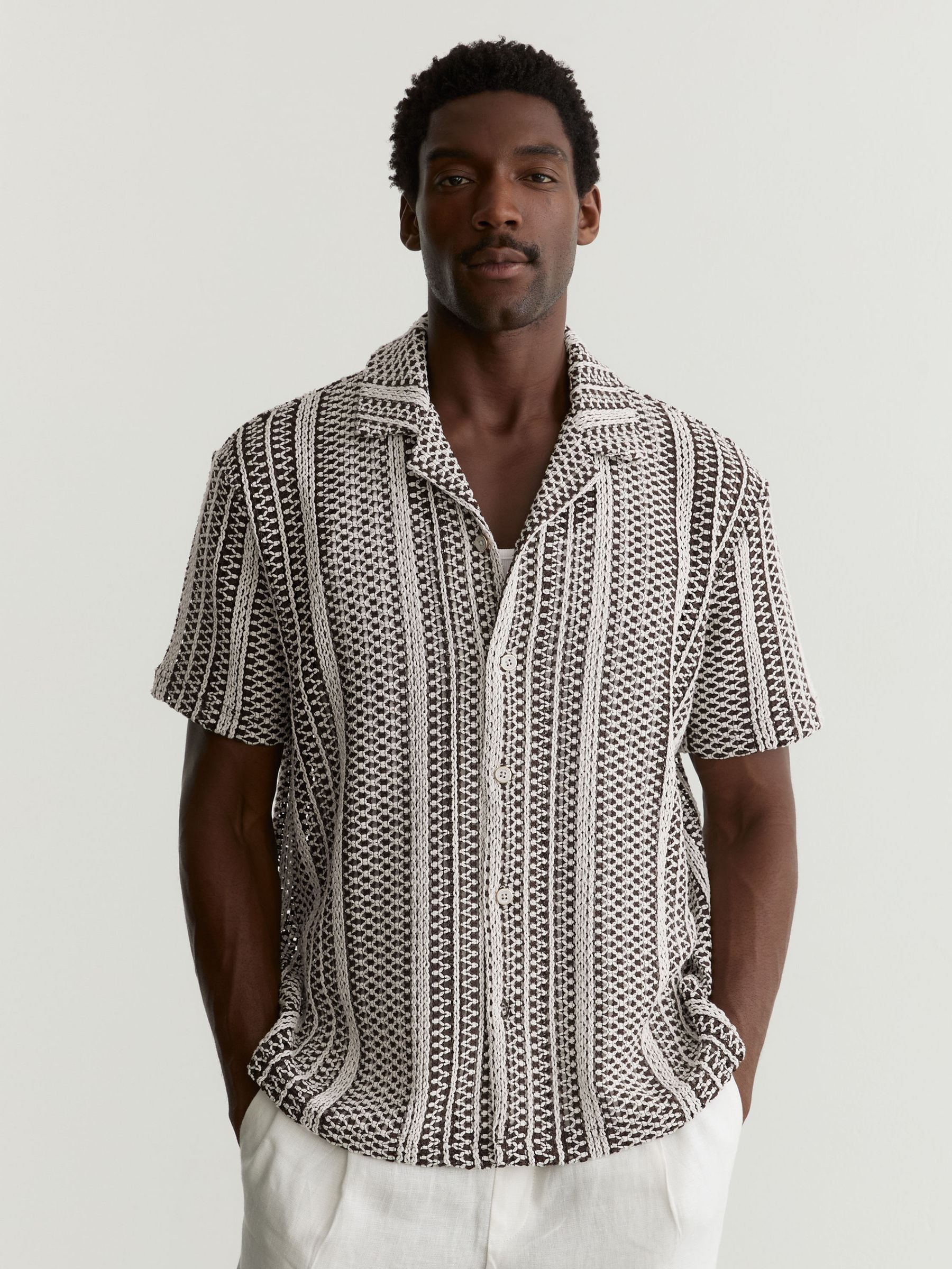 Buy Reiss Dark Brown Aetos Crochet Stripe Cuban-Collar Shirt from