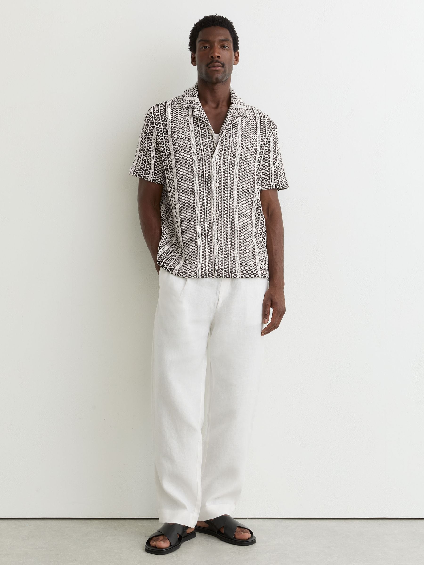 Buy Reiss Dark Brown Aetos Crochet Stripe Cuban-Collar Shirt from