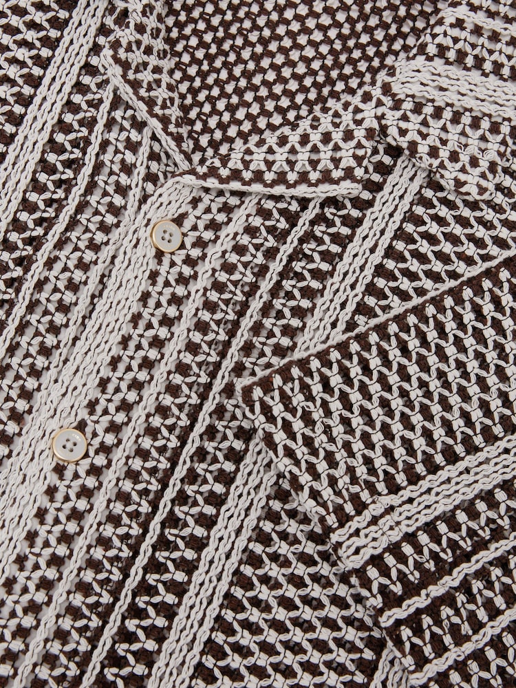 Reiss Dark Brown Aetos Crochet Stripe Cuban-Collar Shirt - Image 7 of 7
