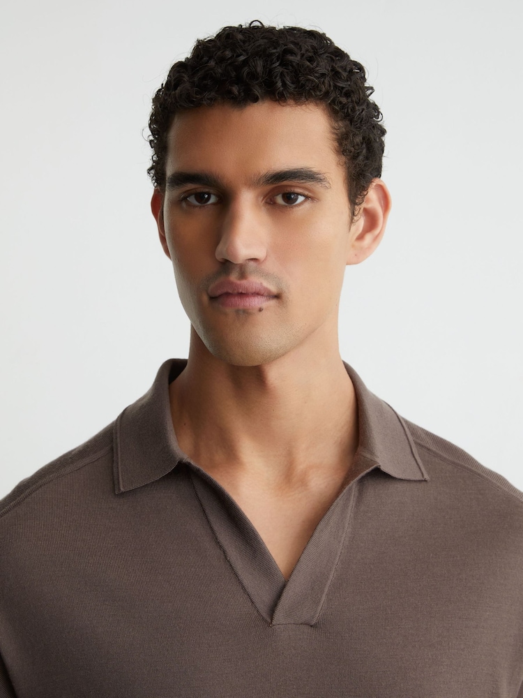 Reiss Ridge Brown Lambert Merino Wool Relaxed Polo Jumper - Image 1 of 6