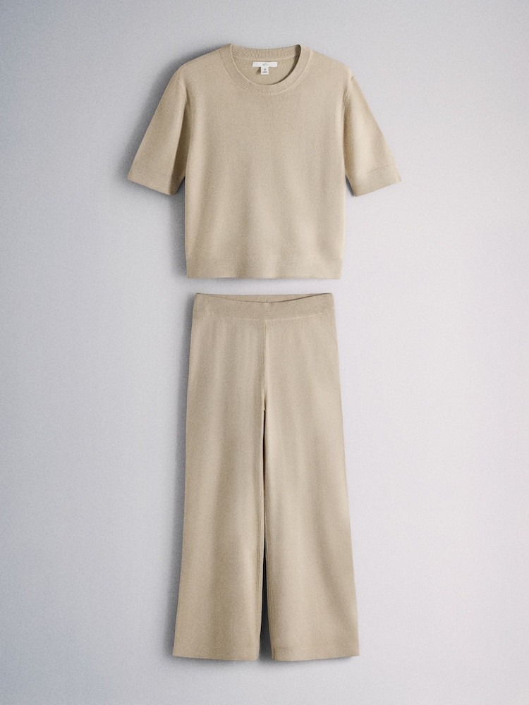 The Set Soft Knit T-Shirt and Trouser Co-Ord Set Oatmeal Brown - Image 1 of 11