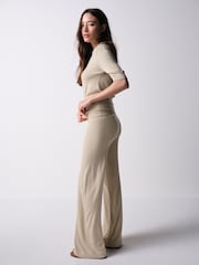The Set Soft Knit T-Shirt and Trouser Co-Ord Set Oatmeal Brown - Image 5 of 11