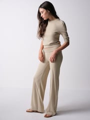 The Set Soft Knit T-Shirt and Trouser Co-Ord Set Oatmeal Brown - Image 6 of 11