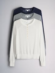 The Set 3 Pack Sheer Knit Henley Jumpers White/Light Grey/Navy Blue - Image 1 of 9