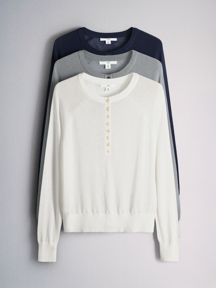 The Set 3 Pack Sheer Knit Henley Jumpers White/Light Grey/Navy Blue - Image 1 of 9