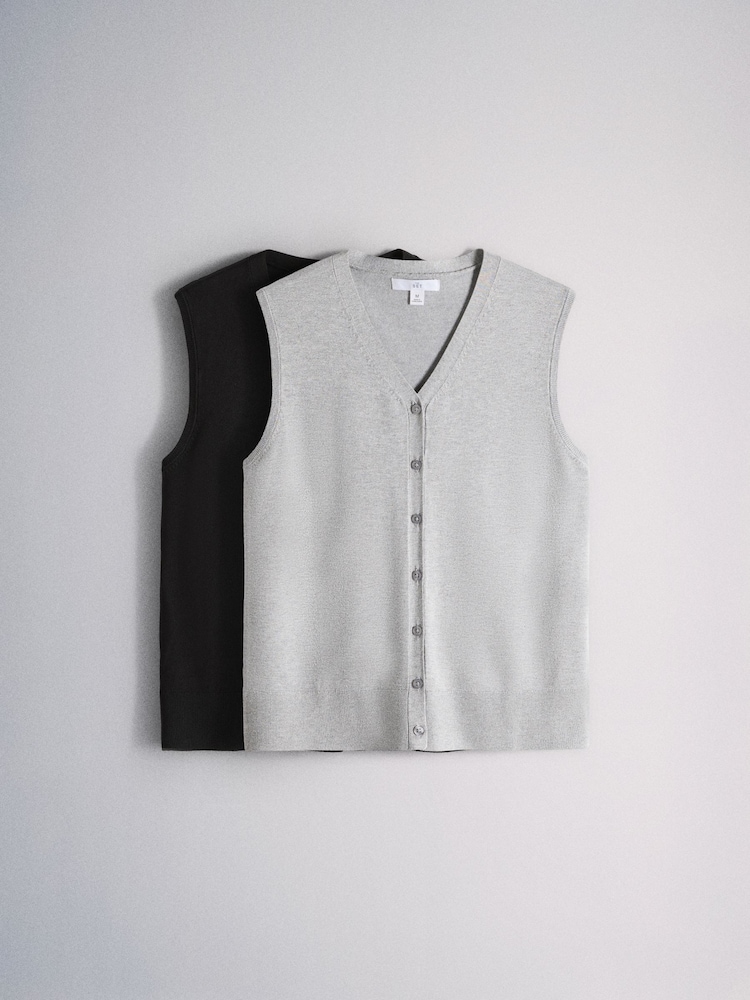 The Set 2 Pack Fine Knit V-Neck Waistcoat Black/Light Grey - Image 1 of 5 The Set 2 Pack Fine Knit V-Neck Waistcoat Black/Light Grey - Image 1 of 5