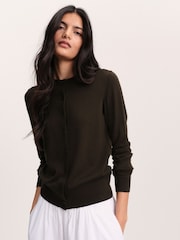 The Set Crew Neck Long Sleeve Merino Cardigan Khaki Green - Image 1 of 9