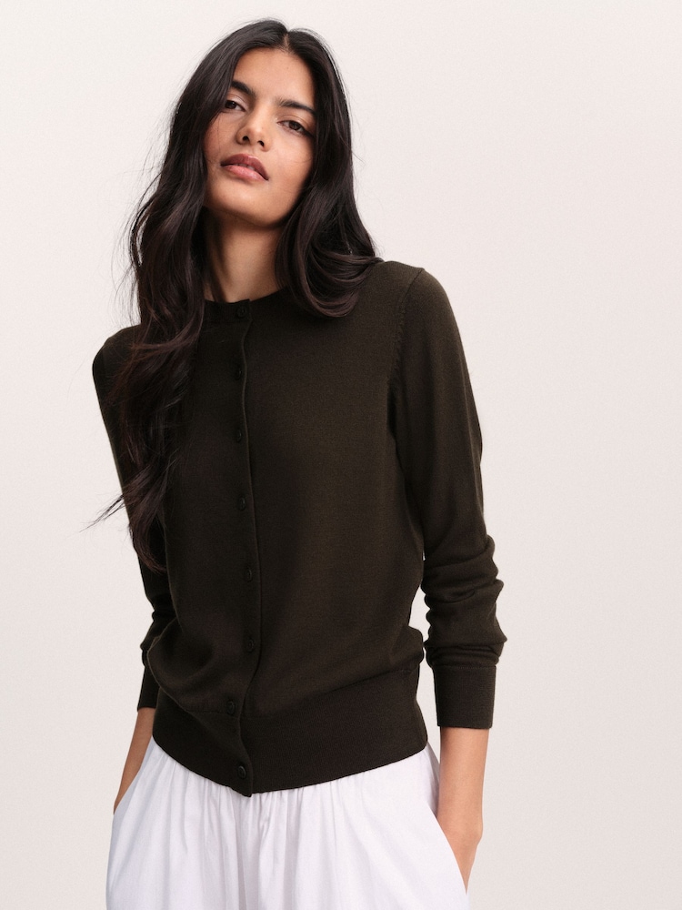 The Set Crew Neck Long Sleeve Merino Cardigan Khaki Green - Image 1 of 9