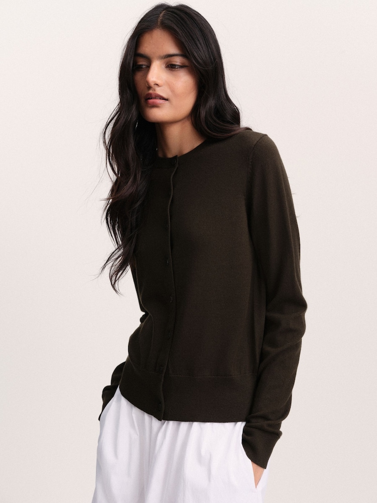 The Set Crew Neck Long Sleeve Merino Cardigan Khaki Green - Image 2 of 9