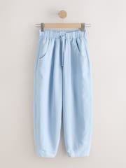 Light Blue Barrel Leg Linen Cotton Blend Trousers - Image 1 of 3