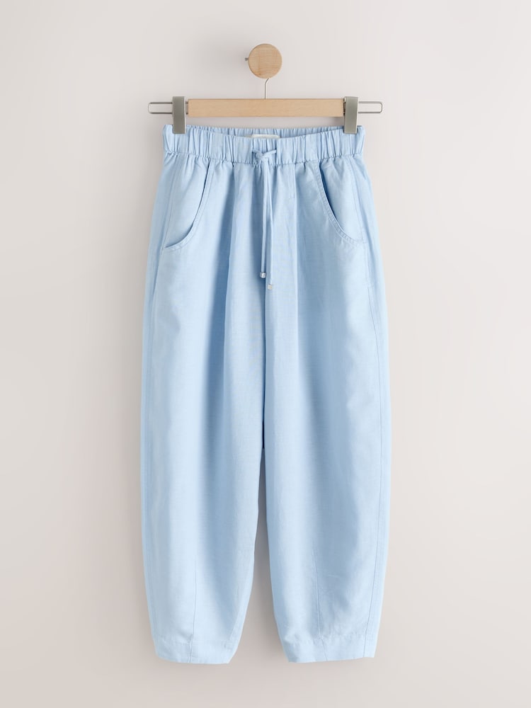 Light Blue Barrel Leg Linen Cotton Blend Trousers - Image 1 of 3