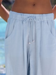 Light Blue Barrel Leg Linen Cotton Blend Trousers - Image 5 of 9