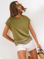 Friends Like These Olive Green Borderie Hem Detail Top - Image 1 of 4